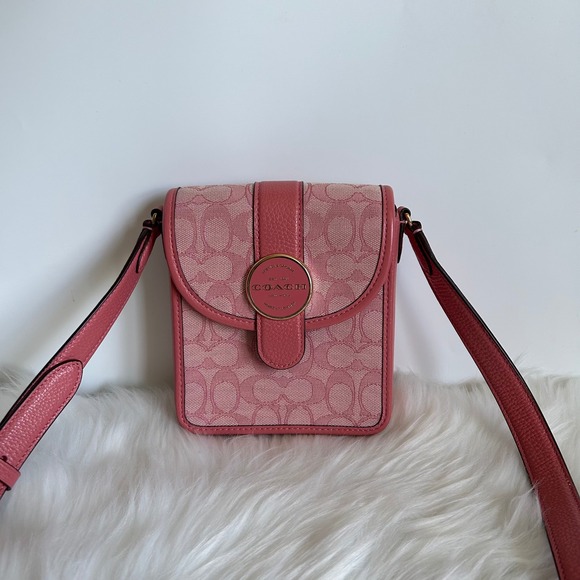 Coach Handbags - Coach North/South Lonnie Pink Signature Jacquard Leather Crossbody Bag Excellent